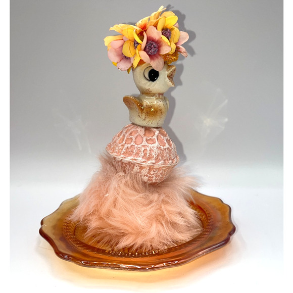 Vintage Mini Ceramic Chick Flower Hat Faux Fur Orange Carnival Glass Plate OOAK - Picture 6 of 16